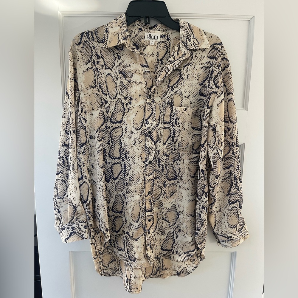 Glam Beige and Black Snake Print Button-Down Shirt